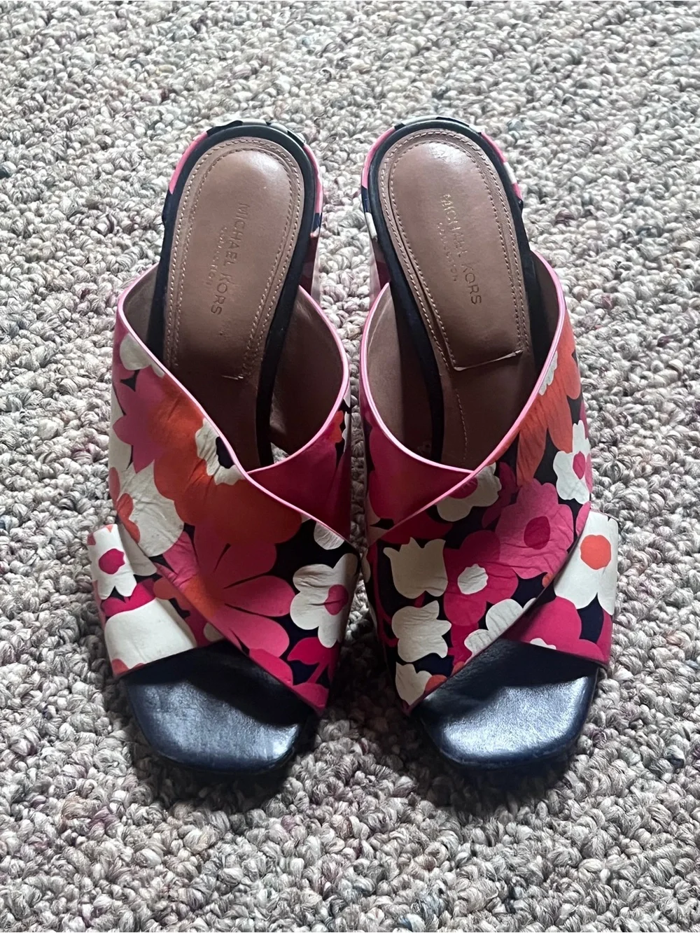 Michael Kors Pink Floral Crossband Slide block heel Sandals